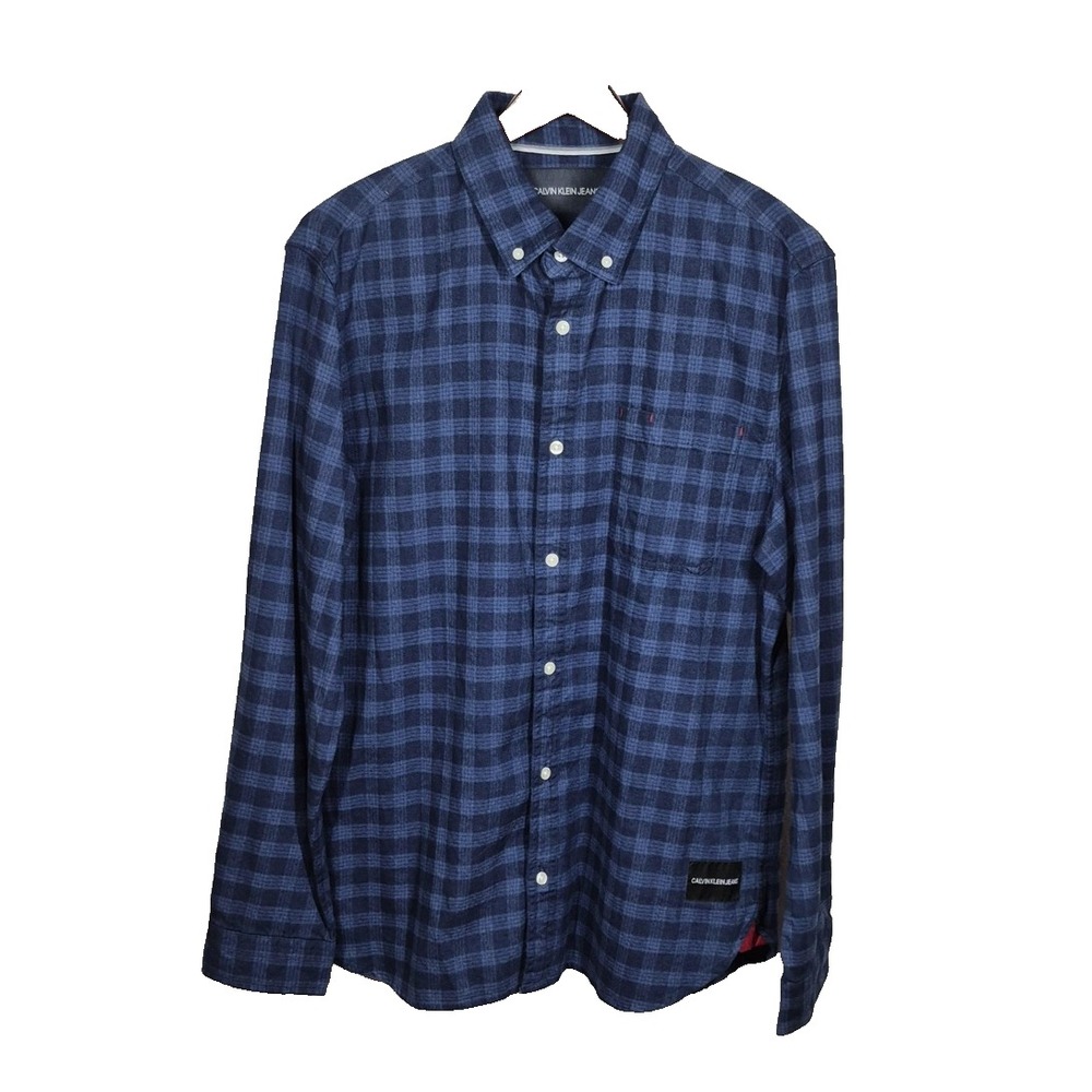 Calvin Klein Jeans Shirt Mens‎ Large Blue Plaid Button Down Long Sleeve Peacoat